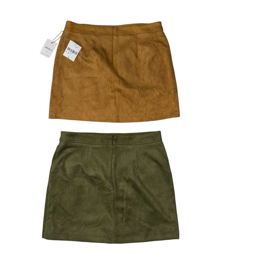 NWT BUNDLE Forever 21 Suede Mini Skirt Caramel Brown & Olive Green Boho size L - Picture 10 of 11